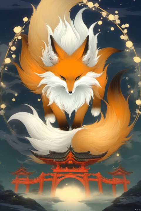 Kyubi no Youko Fox Elf, the core of which is the Fox, walks between ancient shrines, with mysterious and elegant style and soft lighting effect. The moonlight shines on the Kyubi no Youko of the Fox, with pure white color and upward viewing angle, showing the majesty and beauty of the Fox, delicate quality and full of movement. According to the order, this painting shows the mysterious charm of the nine-tailed fox fairy and echoes the ancient atmosphere of the shrine. Create a supernatural atmosphere., Arien view, Planetary apocalypse scene