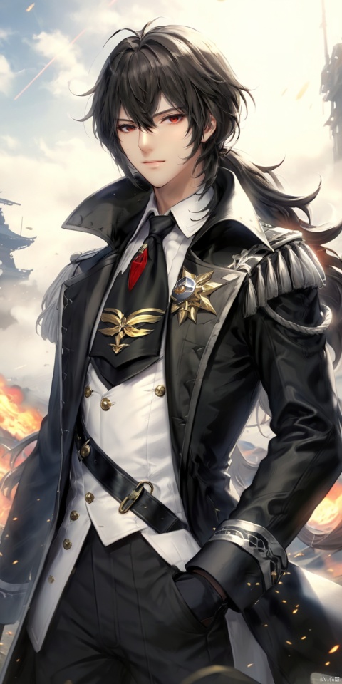  Man, whole body, battlefield, solo, facing the audience, long hair, wearing military uniform, black trench coat, handsome and elegant, ray tracing. A lonely man stood there, his figure was spectacular, reflecting a noble temperament. This combination of nature and architectural elements highlights his stability and charm. , Ai Ji, black and white, (Rudico), ibukiBA, elbe_\(azur lane\),uniform,閽熺, CRGF