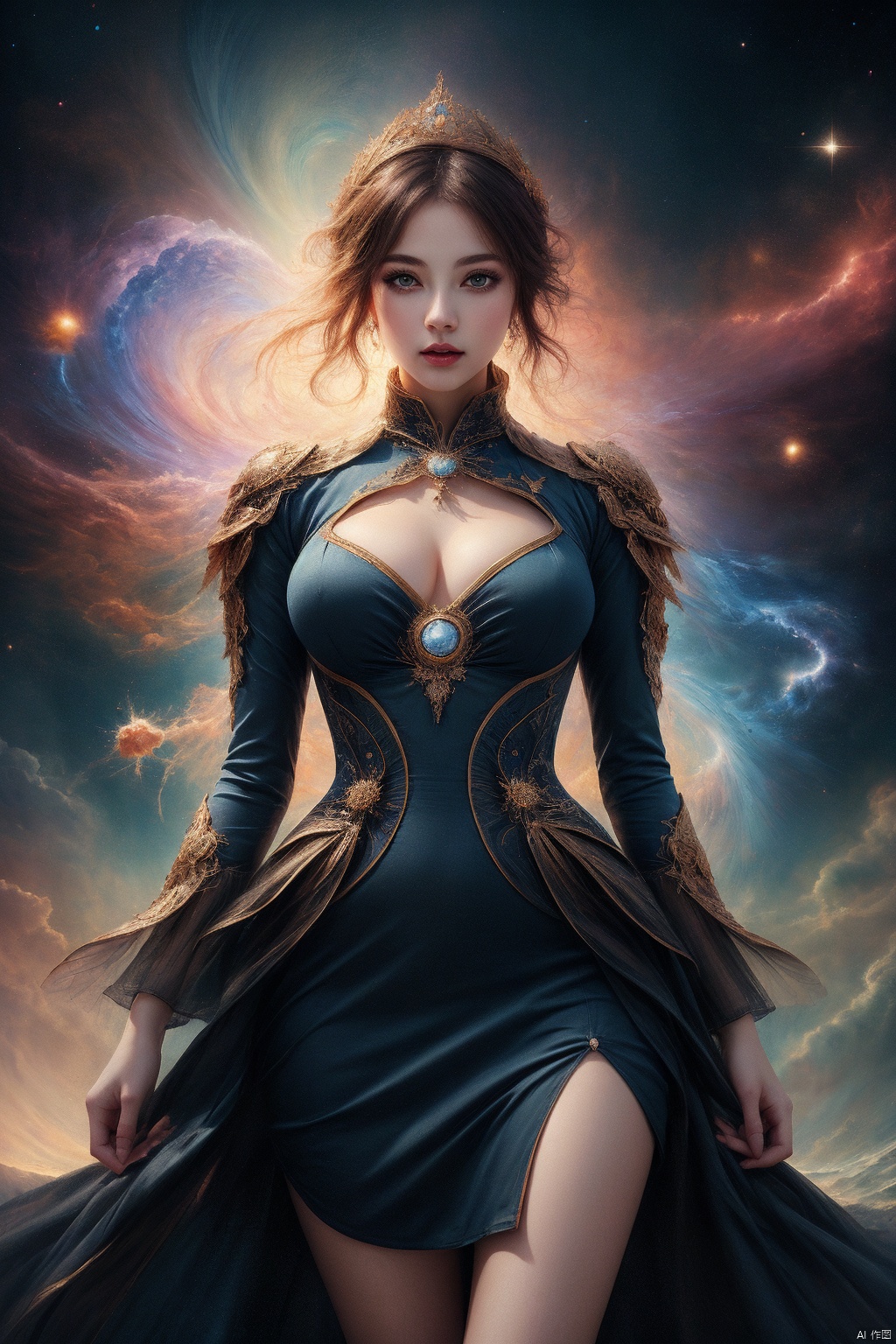  Official art, 8k wallpaper, super detailed, beautiful and beautiful, masterpiece, best quality, (fractal art: 1.3), lines, illustration, 1 girl head, white background, very detailed, bright colors, romanticism, mtianmei, TT,breasts, lucency dress, transparency,,TT, girl, Nebula background,body