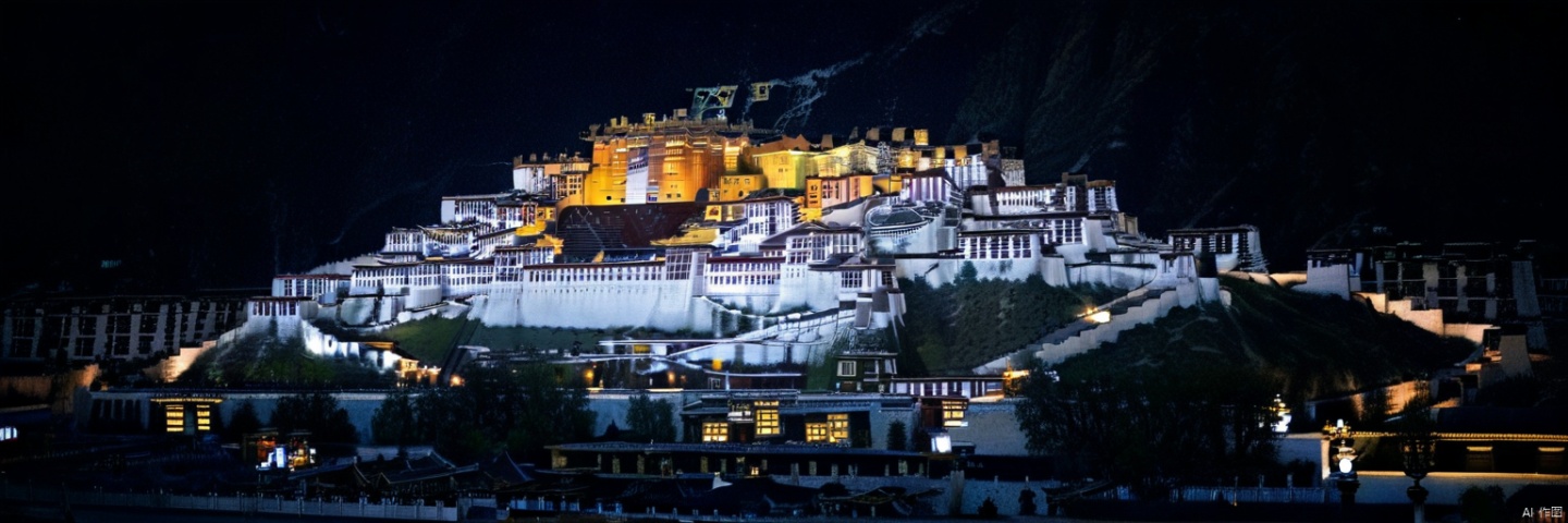 A masterpiece of the best quality, (good structure, good composition, good atmosphere) , (clear, original, beautiful) , Lhasa, Potala Palace, magnificent buildings on the mountain, original photos, night, spotlight on Potala Palace to make it more magnificent

, potala palace