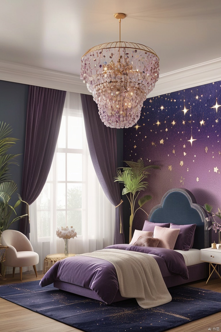 starry night, celestial theme, navy blue and purple colors, galaxy wallpaper, star-shaped lights, celestial accents, velvet furniture, fluffy pillows, faux fur rug, moon-shaped mirror, crystal chandelier