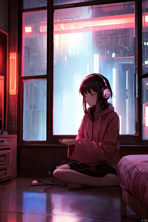  A girl is meditating in her room, wearing headphones, outside the window, night lights, neon lights in rainy days,
