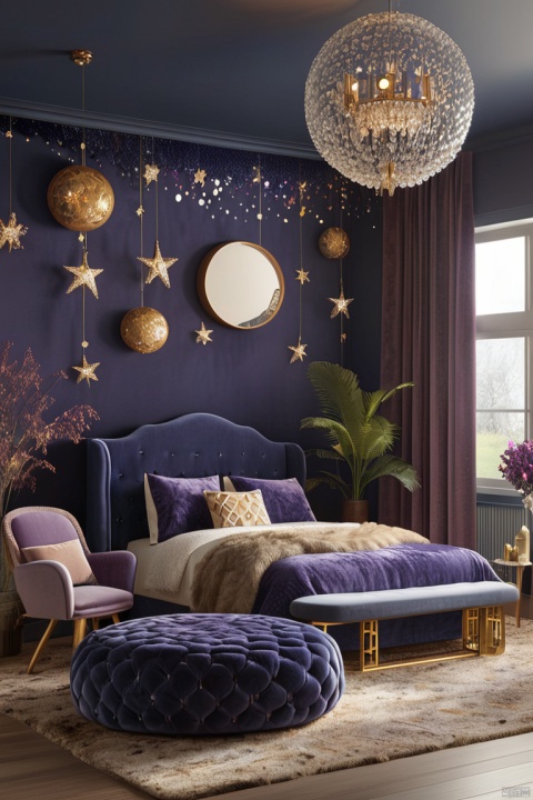 starry night, celestial theme, navy blue and purple colors, galaxy wallpaper, star-shaped lights, celestial accents, velvet furniture, fluffy pillows, faux fur rug, moon-shaped mirror, crystal chandelier