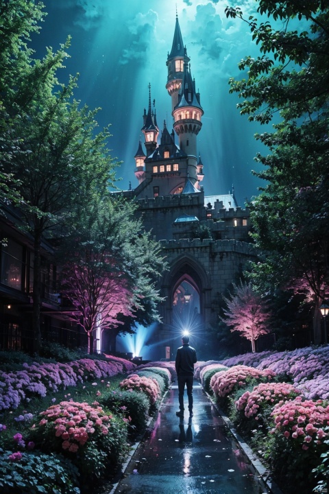  A man is standing in an otherworldly space, in front of a castle, the blue bloom flickering, the fifth latitude stunning visual feast, very much like the painting style of the absurd