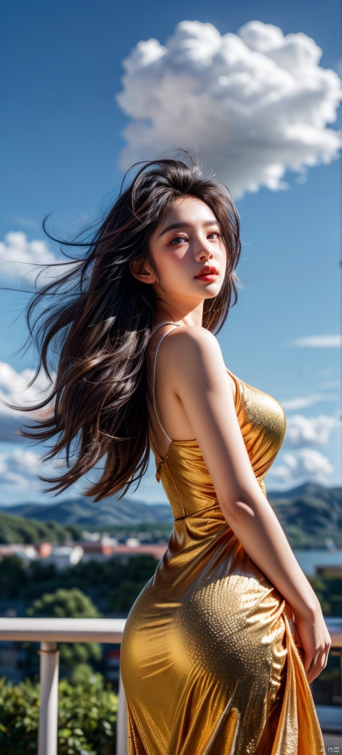  A beautiful woman, in a golden dress, with long black hair and blue sky and white clouds in the background, her hair and the hem of her skirt fluttering in the breeze, dundar