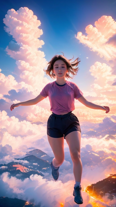  1 girl, pink theme, (best finger: 1.2), back to the sky, hands open from mid-air, falling, urban landscape, masterpiece, best quality, 32k ultra HD, hdr, dtm, 16K, movie lighting effect, super vision, super wide angle, science fiction, TCHKP, sssr, 1girl, solo