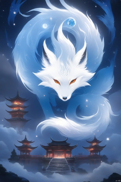 Fox spirit, with the fox as the core, walks in the sky, with mysterious and elegant style and soft lighting effect. The moonlight shines on the fox, and its pure white color and upward perspective show the majesty and beauty of the fox, its exquisite quality and its sporty atmosphere. The picture shows the mysterious charm of the fox fairy and echoes the ancient atmosphere of the shrine. Create a supernatural atmosphere., Dragon pattern, loong,eastern_dragon