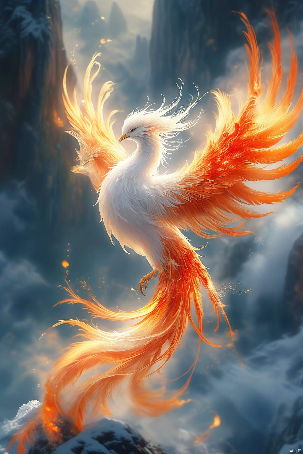  A phoenix formed by ice water, with slender tail feathers fluttering in the wind. Mist covers part of the phoenix's body, and the background is a snowy mountain, Chinese ancientpaintings, glow