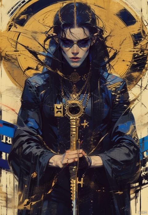 (Best quality), ((masterpiece), (highres), illustration, original, very detailed,, 1 boy, male key, holding a sword, solo, long hair, blue eyes, black hair, sunglasses, qzzd