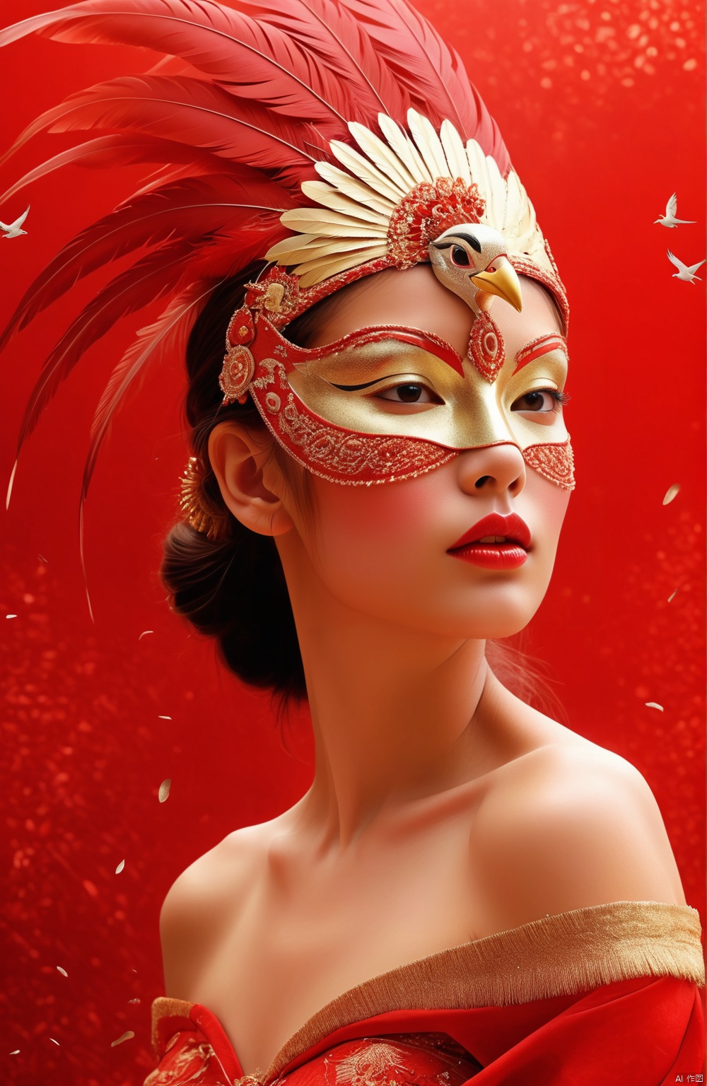  A surreal and fantastical image of a lonely young woman fusing human form with bird features. Her face is adorned with a gold mask, her straight nose and sexy lips reveal the girl's beauty, feathers adorn her headdress, and her bare shoulders reveal a mature body

, hhfhb, Red festive wallpaper