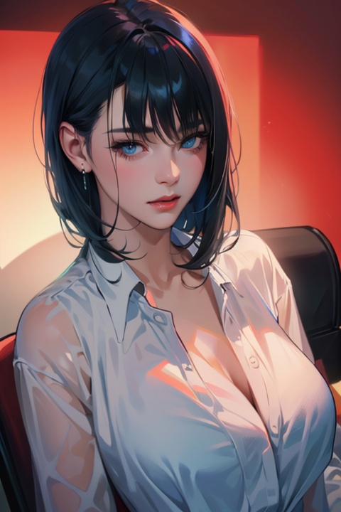 (masterpiece), (realistic), (excellent), (dark environment), (low light, light from top to bottom), 1 beautiful office girl, 24 years old, sitting on a red office chair in a secret room in the basement of the company, Nervous, lost expression, beautiful eyes, light pink lips, slightly parted lips, exquisite eye makeup, collarbone, (black and blue long hair), (bangs), (white shirt), red office chair with armrests, dark corporate basement
