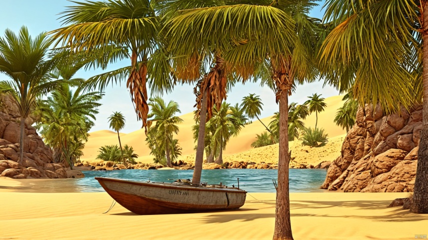  (((masterpiece))),(extremely detailed CG unity 8k wallpaper),best quality,,Amazing,finely detail,cinematic lighting,close-up,incredibly_absurdres,ray tracing,,scenery, outdoors, tree, watercraft, no humans, sand, palm tree, desert