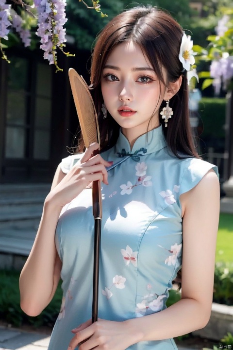 1girl, blurry, blurry_background, blurry_foreground, depth_of_field, motion_blur, hand_fan, bokeh, photo_\(medium\), solo, dress, chinese_clothes, black_hair, earrings, lips, 3d, photo_background, holding, focused, jewelry, wisteria, holding_fan, looking_at_viewer, photorealistic, china_dress,extremely detailed CG unity 8k wallpaper,masterpiece, best quality, ultra-detailed, beautiful detailed eyes:1.2,best illumination, (best shadow, an extremely delicate and beautiful, bloom),best quality, masterpiece, highres, original, extremely detailed wallpaper, perfect lighting,(extremely detailed CG:1.2), drawing, paintbrush,, , 1 girl