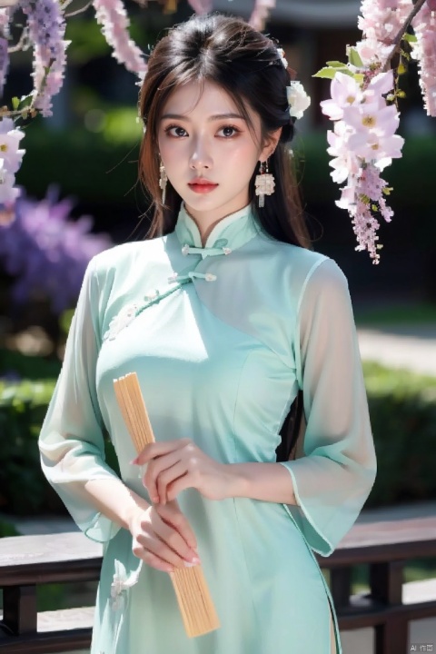 1girl, blurry, blurry_background, blurry_foreground, depth_of_field, motion_blur, hand_fan, bokeh, photo_\(medium\), solo, dress, chinese_clothes, black_hair, earrings, lips, 3d, photo_background, holding, focused, jewelry, wisteria, holding_fan, looking_at_viewer, photorealistic, china_dress,extremely detailed CG unity 8k wallpaper,masterpiece, best quality, ultra-detailed, beautiful detailed eyes:1.2,best illumination, (best shadow, an extremely delicate and beautiful, bloom),best quality, masterpiece, highres, original, extremely detailed wallpaper, perfect lighting,(extremely detailed CG:1.2), drawing, paintbrush,, 