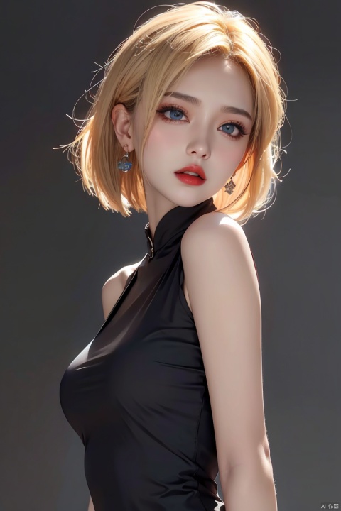  1girl,blonde hair,solo,blue eyes,jewelry,earrings,android 18,short hair,realistic,looking at viewer,upper body,breasts,lips,medium breasts,from side,shirt,grey background,bare shoulders,nose,sleeveless,black shirt,simple background,eyelashes,closed mouth,artist name,makeup,looking to the side,red lips,expressionless,off shoulder,looking back,bangs,sleeveless shirt,from behind,bob cut,jacket,forehead,parted lips,official art,extremely detailed CG unity 8k wallpaper,perfect lighting,Colorful,Bright_Front_face_Lighting,(masterpiece:1),(best_quality:1),ultra high res,8K,ultra-detailed, ((poakl)), (\shen ming shao nv\), (\yan yu\), (\ji jian\), 1 girl