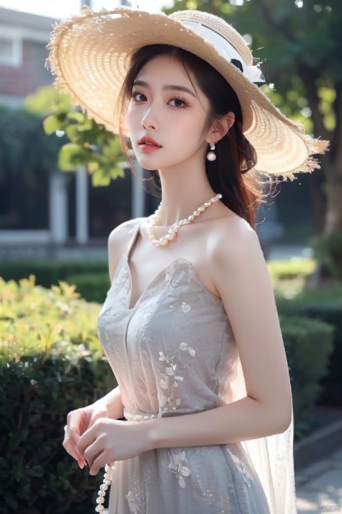 A woman wearing a straw hat, Wearing a simple pearl necklace and pearl earrings, light gray and light beige, detailed, gentle and focused romanticism, overhead shot, dim flowers in the foreground, depth of field, Canon R6, bright soft ambient outdoor light, liuyifei