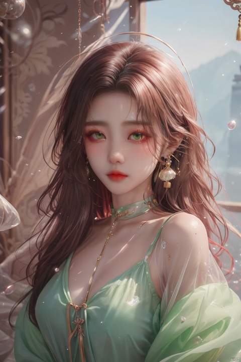  masterpiece, best quality, ice, A girl, silk, cocoon, spider web, Solo, Complex Details, Color Differences, Realistic, (Moderate Breath), Green Eyes, Earrings, Sharp Eyes, Perfect Fit, Choker, Dim Lights, cocoon, transparent, jiBeauty, Ink scattering_Chinese style, hydress-hair ornaments, (\meng ze\), jiqing