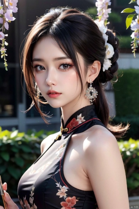 1girl, blurry, blurry_background, blurry_foreground, depth_of_field, motion_blur, hand_fan, bokeh, photo_\(medium\), solo, dress, chinese_clothes, black_hair, earrings, lips, 3d, photo_background, holding, focused, jewelry, wisteria, holding_fan, looking_at_viewer, photorealistic, china_dress,extremely detailed CG unity 8k wallpaper,masterpiece, best quality, ultra-detailed, beautiful detailed eyes:1.2,best illumination, (best shadow, an extremely delicate and beautiful, bloom),best quality, masterpiece, highres, original, extremely detailed wallpaper, perfect lighting,(extremely detailed CG:1.2), drawing, paintbrush,, , 1 girl