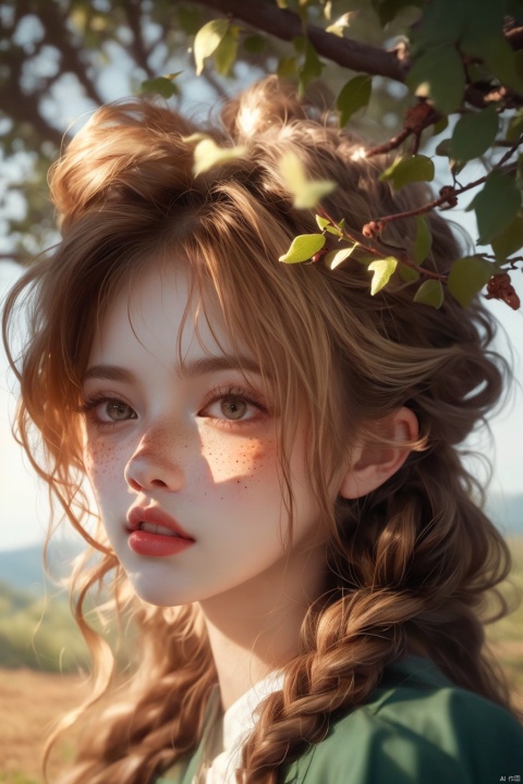  Vintage portrait, photography style, soft focus, pure face,Deer, girl, antlers, vine with leaves, Blonde hair, European and American advanced face, freckles, Detailed light and shadow, Wind, (Strong Sunshine),Two plaits, The forest,Front light source,
, 1girl, 1 girl