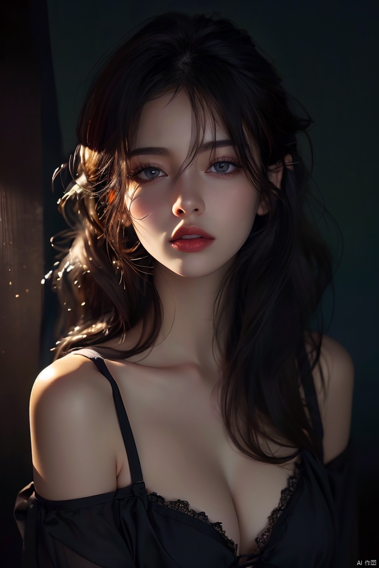  (original photo, best quality)(realistic, realistic: 1.2) , 1 girl, middle breast, cleavage, underwear, upper body, high quality, (high-detail skin: 1.4) , puffy eyes, gorgeous hair, (darkroom: 1.3) , (edge lighting: 1.3) , (Night: 1.3) , (Night: 1.3) , interior, portrait, black hair, dark background, long hair