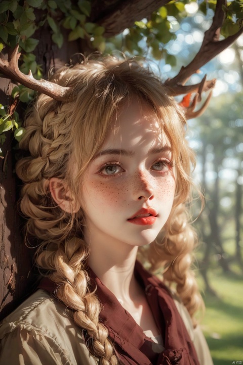  Vintage portrait, photography style, soft focus, pure face,Deer, girl, antlers, vine with leaves, Blonde hair, European and American advanced face, freckles, Detailed light and shadow, Wind, (Strong Sunshine),Two plaits, The forest,Front light source,
, 1girl, 1 girl