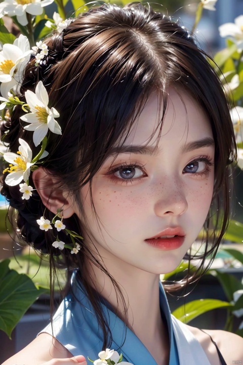  1girl, solo, looking at viewer, short hair, black hair, brown eyes, upper body, flower, parted lips, teeth, hair flower, blurry, lips, white flower, portrait, freckles, realistic, holding flower, ((poakl)),moyou, 1 girl, jiqing, maolilan, (\yan yu\)