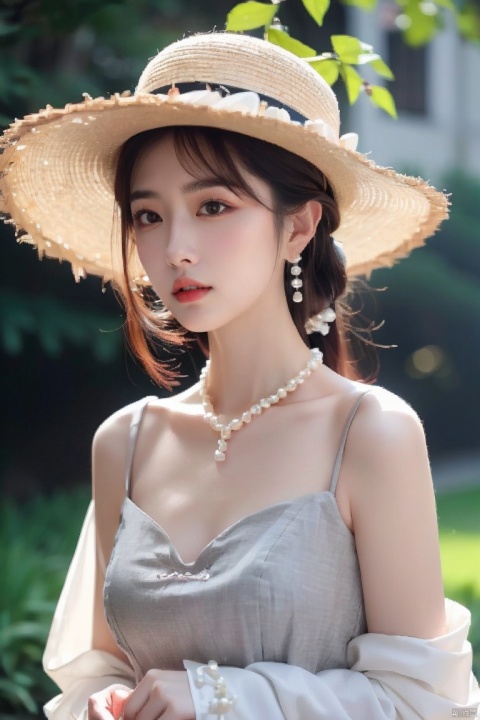 A woman wearing a straw hat, Wearing a simple pearl necklace and pearl earrings, light gray and light beige, detailed, gentle and focused romanticism, overhead shot, dim flowers in the foreground, depth of field, Canon R6, bright soft ambient outdoor light, liuyifei