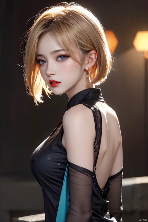  1girl,blonde hair,solo,blue eyes,jewelry,earrings,android 18,short hair,realistic,looking at viewer,upper body,breasts,lips,medium breasts,from side,shirt,grey background,bare shoulders,nose,sleeveless,black shirt,simple background,eyelashes,closed mouth,artist name,makeup,looking to the side,red lips,expressionless,off shoulder,looking back,bangs,sleeveless shirt,from behind,bob cut,jacket,forehead,parted lips,official art,extremely detailed CG unity 8k wallpaper,perfect lighting,Colorful,Bright_Front_face_Lighting,(masterpiece:1),(best_quality:1),ultra high res,8K,ultra-detailed, ((poakl)), (\shen ming shao nv\), (\yan yu\), (\ji jian\), 1 girl