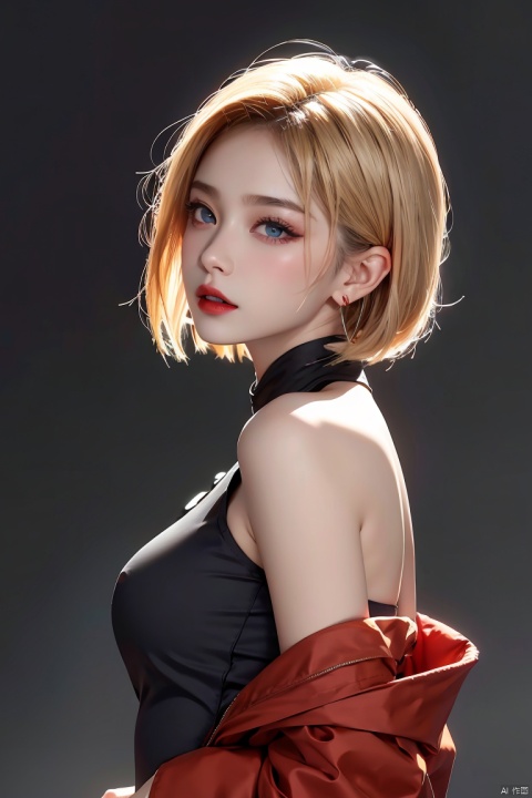  1girl,blonde hair,solo,blue eyes,jewelry,earrings,android 18,short hair,realistic,looking at viewer,upper body,breasts,lips,medium breasts,from side,shirt,grey background,bare shoulders,nose,sleeveless,black shirt,simple background,eyelashes,closed mouth,artist name,makeup,looking to the side,red lips,expressionless,off shoulder,looking back,bangs,sleeveless shirt,from behind,bob cut,jacket,forehead,parted lips,official art,extremely detailed CG unity 8k wallpaper,perfect lighting,Colorful,Bright_Front_face_Lighting,(masterpiece:1),(best_quality:1),ultra high res,8K,ultra-detailed, ((poakl)), (\shen ming shao nv\), (\yan yu\), (\ji jian\), 1 girl