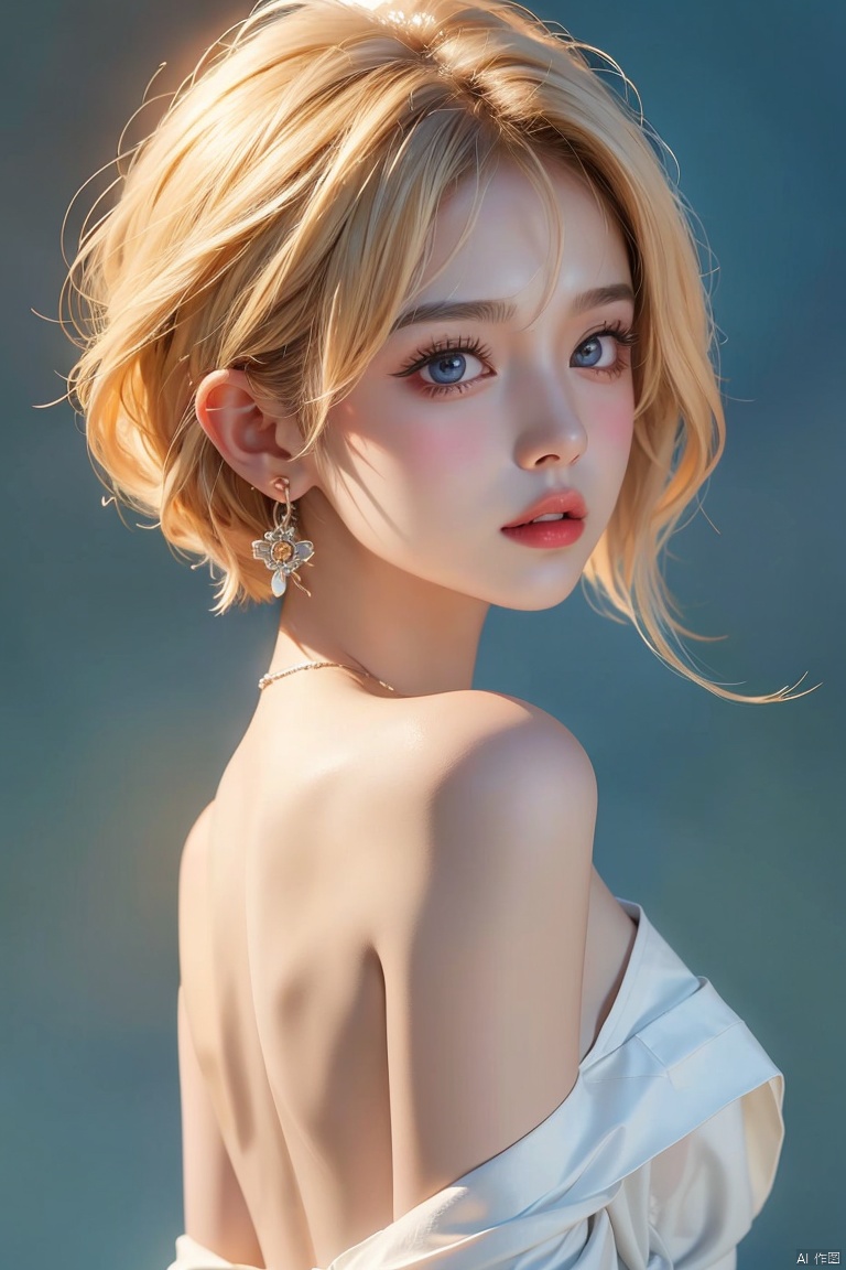  1girl,blonde hair,solo,blue eyes,jewelry,earrings,android 18,short hair,realistic,looking at viewer,upper body,breasts,lips,medium breasts,from side,shirt,grey background,bare shoulders,nose,sleeveless,black shirt,simple background,eyelashes,closed mouth,artist name,makeup,looking to the side,red lips,expressionless,off shoulder,looking back,bangs,sleeveless shirt,from behind,bob cut,jacket,forehead,parted lips,official art,extremely detailed CG unity 8k wallpaper,perfect lighting,Colorful,Bright_Front_face_Lighting,(masterpiece:1),(best_quality:1),ultra high res,8K,ultra-detailed, ((poakl)), (\shen ming shao nv\), (\yan yu\), (\ji jian\), 1 girl