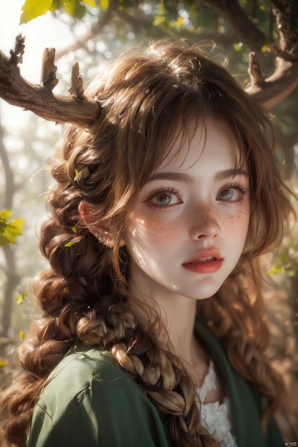  Vintage portrait, photography style, soft focus, pure face,Deer, girl, antlers, vine with leaves, Blonde hair, European and American advanced face, freckles, Detailed light and shadow, Wind, (Strong Sunshine),Two plaits, The forest,Front light source,
, 1girl, 1 girl