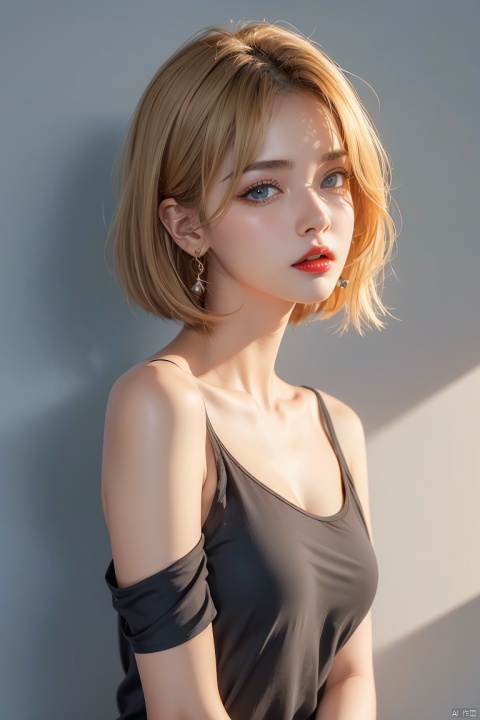  1girl,blonde hair,solo,blue eyes,jewelry,earrings,android 18,short hair,realistic,looking at viewer,upper body,breasts,lips,medium breasts,from side,shirt,grey background,bare shoulders,nose,sleeveless,black shirt,simple background,eyelashes,closed mouth,artist name,makeup,looking to the side,red lips,expressionless,off shoulder,looking back,bangs,sleeveless shirt,from behind,bob cut,jacket,forehead,parted lips,official art,extremely detailed CG unity 8k wallpaper,perfect lighting,Colorful,Bright_Front_face_Lighting,(masterpiece:1),(best_quality:1),ultra high res,8K,ultra-detailed, ((poakl)), (\shen ming shao nv\), (\yan yu\), (\ji jian\), 1 girl