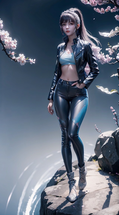  full_body,panorama,tight leather pants,leather_jacket,exploring cherry blossom branches,wonderland,light blue element,night,(side light shining on the face),