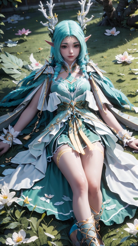  a girl,,full_body,feathered shoulder armor,lying on the grass,