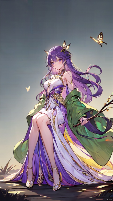  a girl,full_body,facial imprint,light green coat,yellow robe,1girl,hakuhatsu,front view,full_body,sit down,bright light,solo,breasts,looking at viewer,sky,bluesky,bug,butterfly,branch,, yunxi,1girl, yunxi,White and purple dresses

