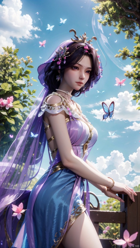 A girl wearing a blue and pink intertwined dress, dynamic angle, solo, looking at the audience, sky, blue sky, insects, butterflies, branches,,