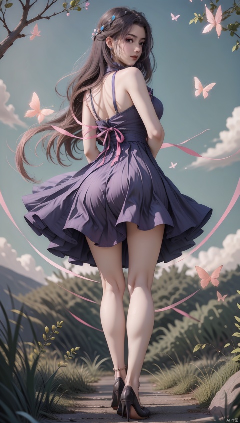  A girl wearing a blue and pink intertwined dress, dynamic angle, solo, looking at the audience, sky, blue sky, insects, butterflies, branches,,