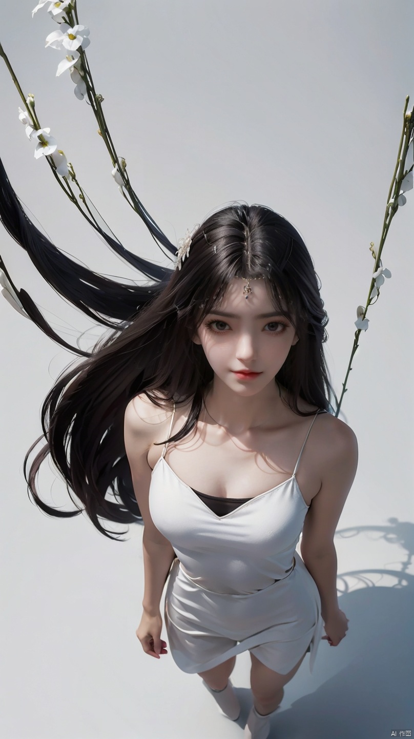  a girl,full_body,upper_body,,looking from above,a girl,above the knee,appear on camera,(a girl appeared at the front:1.2),(holding flowers in hand:1.1),stand,crescent_moon,black hair,long hair,whitenight,sky,solo,cloud,,simple background,a neat background,red dress,character focus,clear background,HDR,UHD,8K,masterpiece,absurdres,raise your head, yunxi,1girl