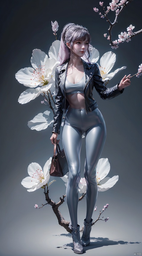 full_body,panorama,tight leather pants,leather_jacket,exploring cherry blossom branches,wonderland,light blue element,night,(side light shining on the face),