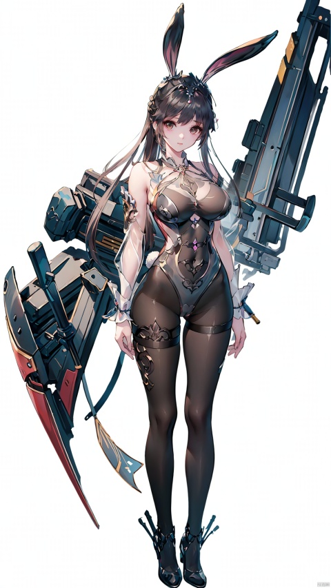  best quality, masterpiece, illustration, 1girl, solo, full body, Rabbit ear, White background,Mechanical body,long hair,xiaowu,xwhd,rabbit ear,((see-through:1.2)),navel,cleavage cutout,(big breasts),((black pantyhose)),standing,