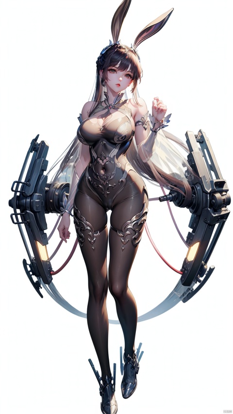  best quality, masterpiece, illustration, 1girl, solo, full body, Rabbit ear, White background,Mechanical body,long hair,xiaowu,((see-through)),navel,cleavage cutout,(big breasts),black pantyhose,