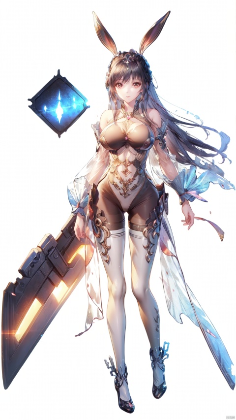  best quality, masterpiece, illustration, 1girl, solo, full body, Rabbit ear, White background,Mechanical body,long hair,xiaowu,xwhd,rabbit ear,((see-through:1.2)),navel,cleavage cutout,(big breasts),((black pantyhose)),standing,