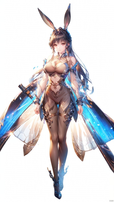  best quality, masterpiece, illustration, 1girl, solo, full body, Rabbit ear, White background,Mechanical body,long hair,xiaowu,xwhd,rabbit ear,((see-through:1.2)),navel,cleavage cutout,(big breasts),((black pantyhose)),standing,