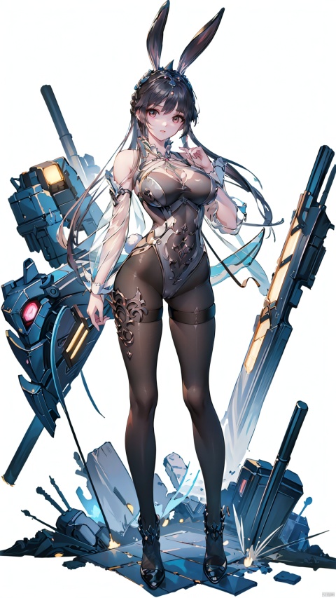  best quality, masterpiece, illustration, 1girl, solo, full body, Rabbit ear, White background,Mechanical body,long hair,xiaowu,xwhd,rabbit ear,((see-through:1.2)),navel,cleavage cutout,(big breasts),((black pantyhose)),standing,