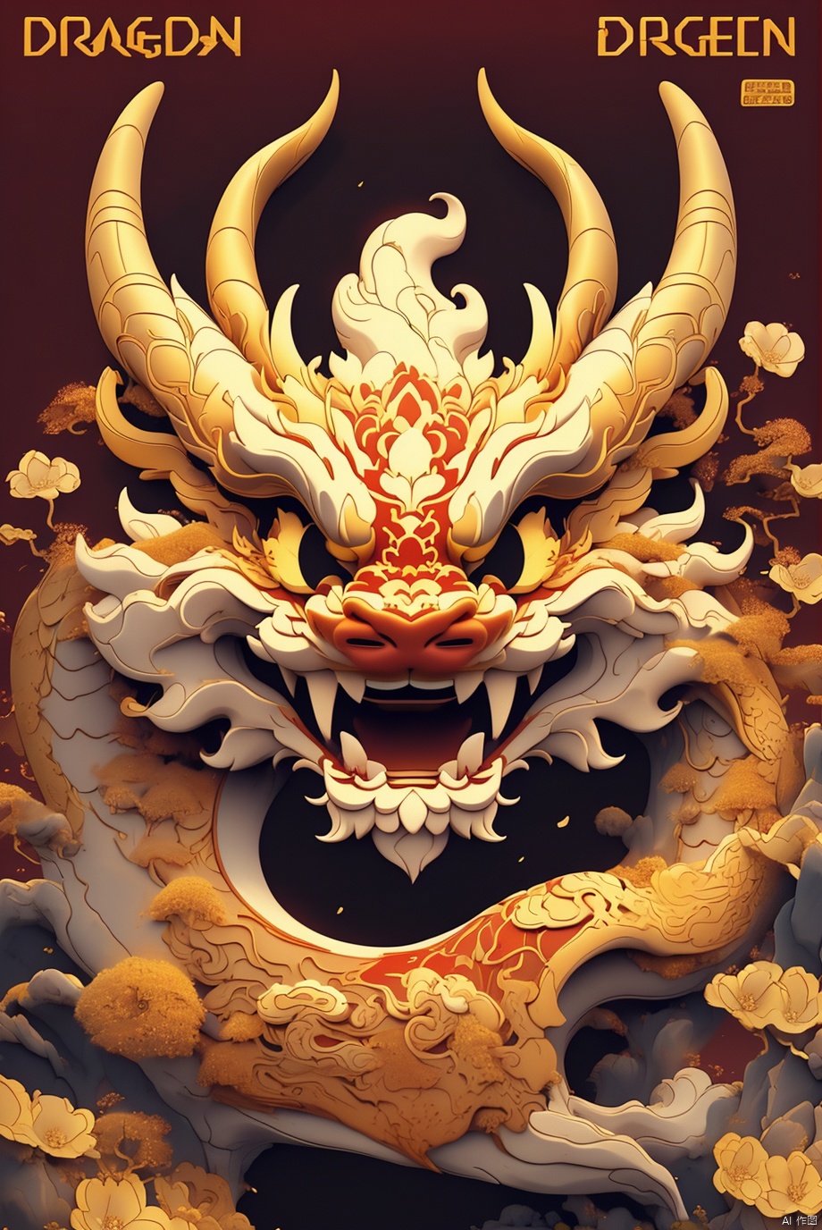  Chinese dragon illustration style,gold theme,red background,gold dragon,Front view,flower,cloud,plant,(best quality:1.2),(((The text on the cover should be bold and attention-grabbing, with the title of the magazine and a catchy headline))),,