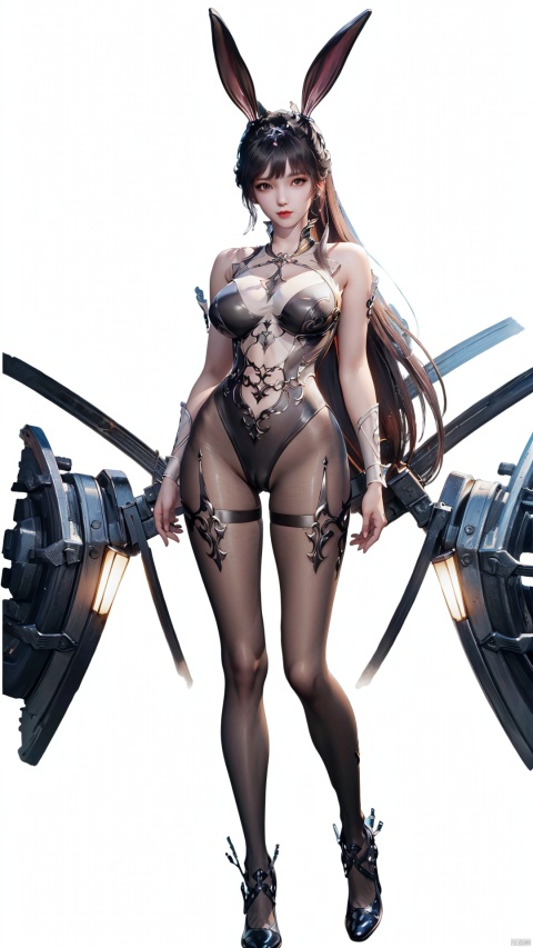  best quality, masterpiece, illustration, 1girl, solo, full body, Rabbit ear, White background,Mechanical body,long hair,xiaowu,xwhd,rabbit ear,((see-through:1.2)),navel,cleavage cutout,(big breasts),((black pantyhose)),standing,