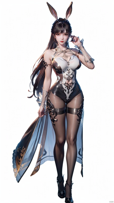  best quality, masterpiece, illustration, 1girl, solo, full body, Rabbit ear, White background,Mechanical body,long hair,xiaowu,xwhd,rabbit ear,((see-through:1.2)),navel,cleavage cutout,(big breasts),((black pantyhose)),standing,