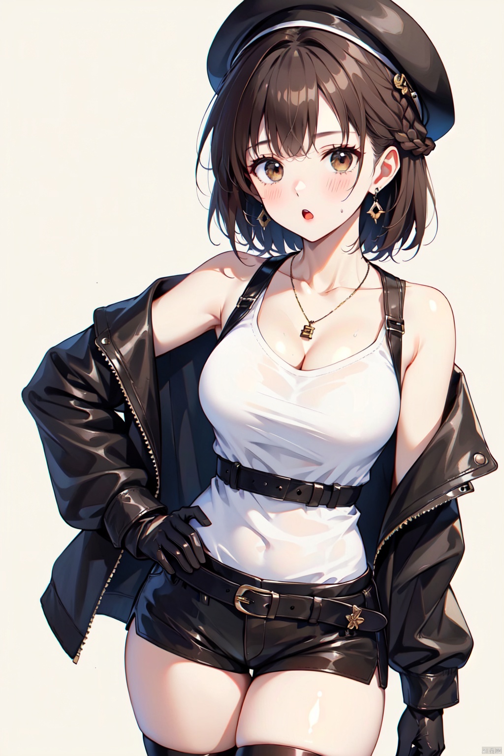  1girl, reisalin_stout, red_shorts, breasts, jewelry, brown_hair, shorts, gloves, solo, large_breasts, short_shorts, thighhighs, cleavage, necklace, braid, thigh_strap, key_necklace, hat, white_headwear, earrings, partially_fingerless_gloves, open_mouth, single_thighhigh, thighs, belt, brown_eyes, short_hair, jacket, bare_shoulders, blush, yellow_jacket, key, single_sidelock, bangs, looking_at_viewer, beret, sleeveless, black_ribbon, :o, black_thighhighs, sweat, side_braid, brown_belt, leather_belt, shirt, grey_background, leather_gloves, pouch, ribbon, black_gloves, white_shirt, brown_gloves, collarbone, thick_thighs, hand_on_hip, sleeveless_jacket, hair_ornament, maolilan