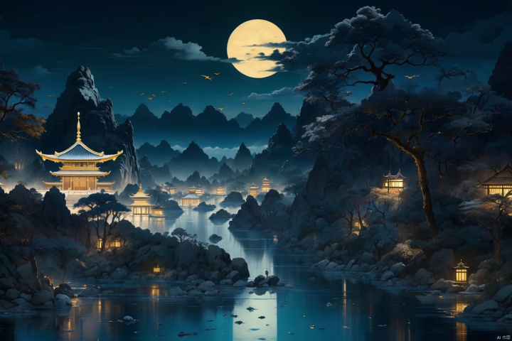  (best quality), (masterpiece), (ultra-detailed), illustration, 8k wallpaper, best illustration, (extremely detailed CG unity 8k wallpaper), huge filesize,tree, no humans, outdoors, scenery, architecture, east asian architecture, cloud, water, bird, night, sky, torii, waterfall, fish, leaf, moon, reflection, nature, mountain, building, blue sky, rock