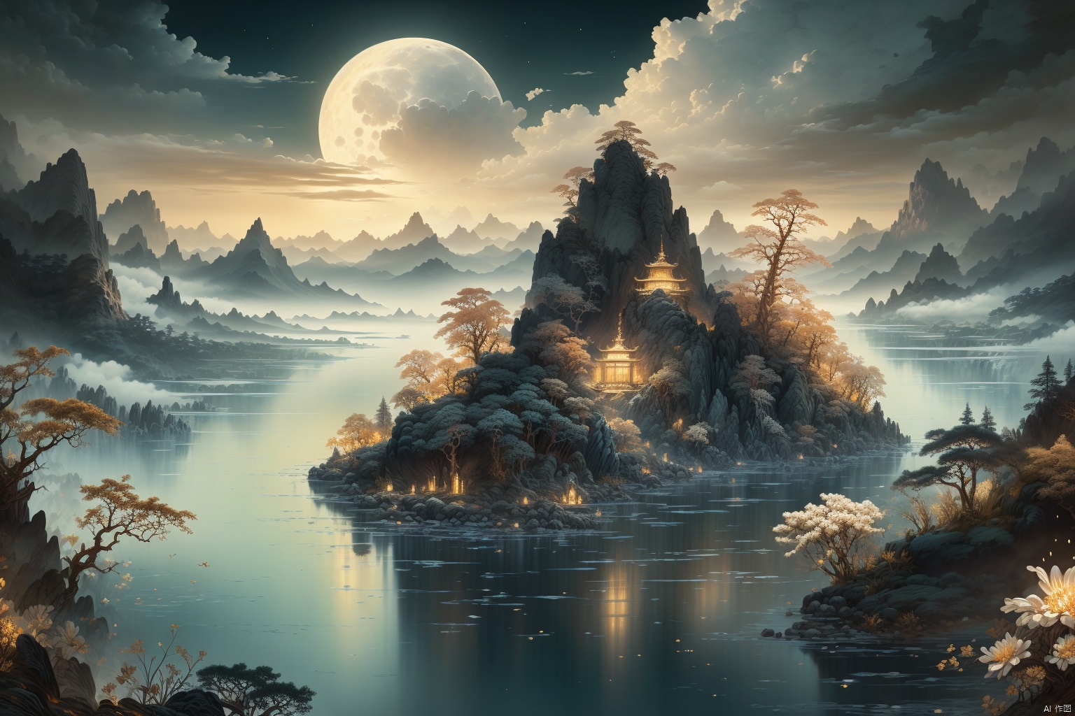  (best quality), (masterpiece), (ultra-detailed), illustration, 8k wallpaper, best illustration, (extremely detailed CG unity 8k wallpaper), huge filesize,landscape,scenery, no humans, outdoors, cloud, tree, mountain, water, waterfall, sky, moon, nature, full moon